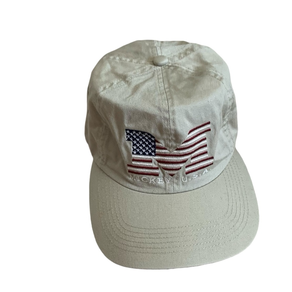 Vintage Disney Hat Strapback Cap Beige Mickey Mouse USA Flag Casual